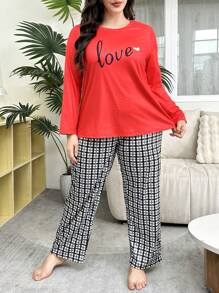 情人节“LOVE”字母印花长袖衬衫搭配格子裤、大码睡衣套装 - 彩色 - 查看 5
