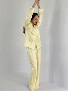 Aloruh Bộ quần áo và áo sơ mi in sọc đỏ trắng mới, phù hợp mặc trong nhà và ngoài trời - Màu vàng - Xem 5