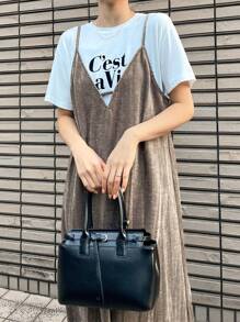 FRIFUL Damen einfarbiges Trägerkleid, lässiges strukturiertes, locker sitzendes Midikleid, Sommerkleid, Herbstkleid mit Langarm - Khaki - Übersicht 6