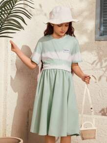 SHEIN 2 Pieces Set For Tween Girl,Sage Green Summer Casual Elegant School Outfit,Round Neck Short-Sleeve T-Shirt Paired With A Skirt,Soft Skin-Friendly Set - Green - View 7