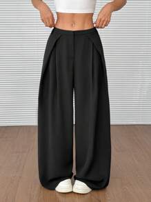 SHEIN EZwear Pantalones casuales sueltos de pierna ancha y plisados de unicolor, versátiles, para mujer