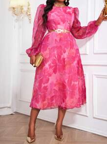 Fleurora Váy chữ A cổ tròn tay giám mục thanh lịch mùa thu đông cổ điển sang trọng cho tiệc cưới cocktail - Nhiều màu - Xem 3