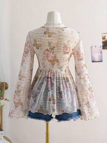 Soleia Women's Romantic Rose & Butterfly Print Lace Tied Flared Sleeve Blouse, Vacation/Valentine's Day