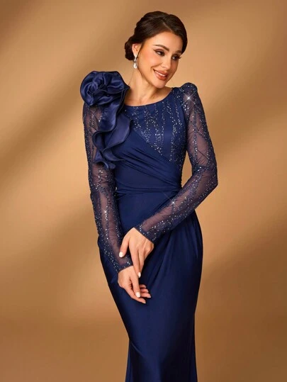 Serin Elegant Luxurious Embroidery Sequin Lace Patchwork Stretchy Ruched 3D Floral Ruffle Fishtail Dress, Suitable For Weddings, Parties, Honeymoons, Galas, Evening Events, Bridal Mother Dress