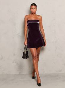 SHEIN PETITE 女士优雅修身天鹅绒迷你连衣裙，女士温暖圣诞连衣裙，新年夜性感派对装 - 紫色 - 查看 3