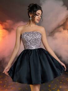 SHEIN Belle Woman Elegant And Gorgeous Pink Sequin Stitching Black Satin Tube Bubble Dress, Suitable For New Year Evening Bachelor Party Birthday Date Back To School Season, Wedding Prom Dress, Wedding Guest Dress - Multicolor - View 5