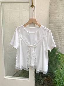 DAZY Women's 2 In 1 Lace Splice Round Neck Short Sleeve T-Shirt - White - View 7