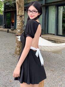 DAZY Costume da bagno monopezzocon maniche a palloncino, schiena aperta e laccetti, bicolore, casual, adatto per l'estate e le vacanze al mare - Bianco e nero - Visualizzare 5