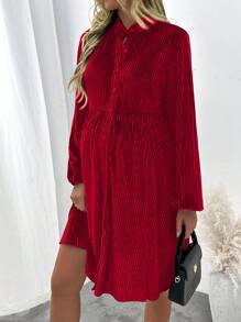 SHEIN Maternity Solid Color Lantern Sleeve Single Breasted Casual Short Dress - Red - View 4