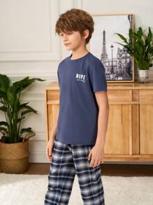 SHEIN Tween Boys Letter Print Crew Neck Short Sleeve T-Shirt And Plaid Pants Casual Pajama Set Teen Boy Clothes Teen Boys Sets Boy Set Clothes Boy Clothes 14 - Dusty Blue - View 4