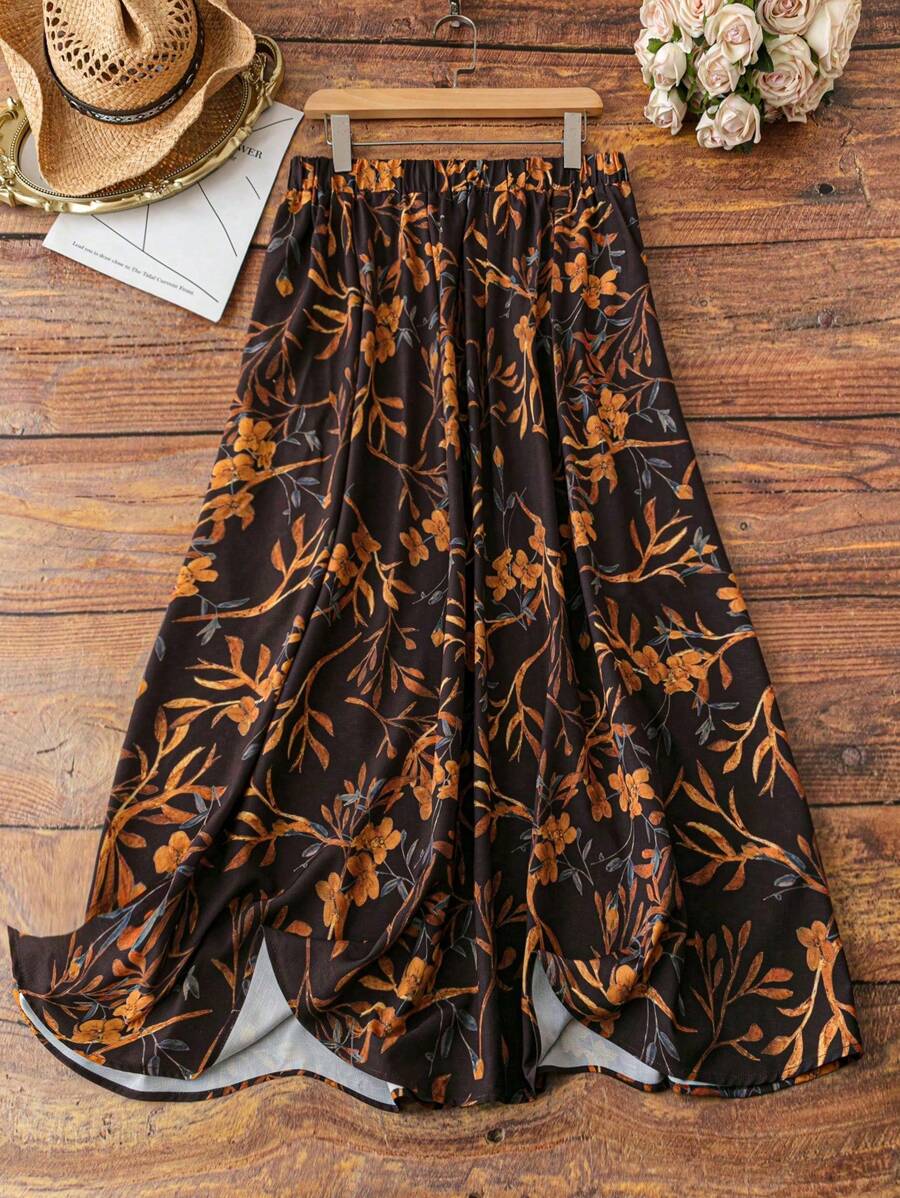SHEIN LUNE Plus Size Women All Over Print Casual Regular Skirt Fall Cloth For Women - Multicolor - View 1