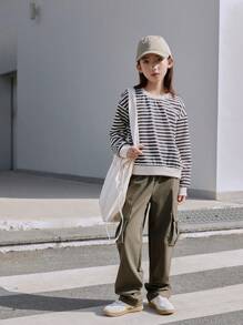 Ensemble de tenue d'automne pour ados filles, style de rue décontracté: sweat-shirt ample rayé style chauve-souris et pantalon cargo à taille élastique et jambes larges de couleur unie