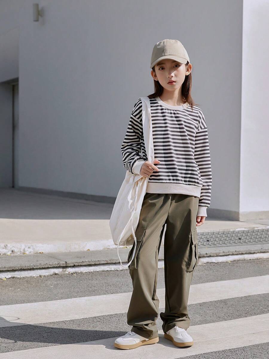 Ensemble de tenue d'automne pour ados filles, style de rue décontracté: sweat-shirt ample rayé style chauve-souris et pantalon cargo à taille élastique et jambes larges de couleur unie