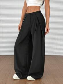 SHEIN EZwear Pantalones casuales sueltos de pierna ancha y plisados de unicolor, versátiles, para mujer