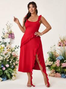 SHEIN Belle Plus Size Women Solid Color Patchwork Ruffle Hem Side Slit Elegant Valentine's Day Red Dress - Red - View 5