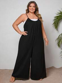 SHEIN CURVE+ Plus Size Solid Color Loose Jumpsuit With Pockets, Without Top - Black - View 5