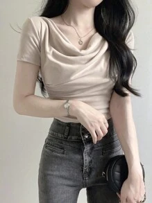 DAZY 纯色修身短袖围脖领 T 恤夏季 - 杏色 - 查看 8