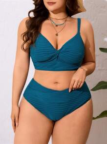 Swim Lushoire Plus Size Women's 2Pcs Solid Color Adjustable Strap Ruched Top And High Waist Spliced Bottoms Swimwear, Fashionable Resort Wear For Summer Beach Vacation - Dark Green - View 1