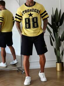 Manfinity Homme Men's Letter & Pentagram Pattern Crew Neck Short Sleeve Knit Top, Spring/Autumn