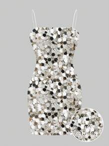 SHEIN EZwear Casual Minimalist Silver Sequin Printed Bodycon Spaghetti Strap Cami Dress For Women Chic Dress - White - View 5