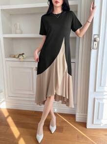 DAZY 女式拼色荷叶边下摆T恤连衣裙太阳裙，休闲女装