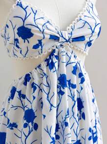 Soleia Women's Floral Print Sleeveless Dress, Suitable For Vacation - Blue and White - View 6