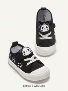 Cozy Pixies 1 双男童熊猫钩环帆布平底休闲运动鞋适合日常穿着，四季皆宜（图案随机） - 黑色 - 查看 4