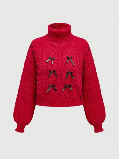 Kawaii Jersey de cuello alto acanalado con acento de lazo para mujer, Año Nuevo