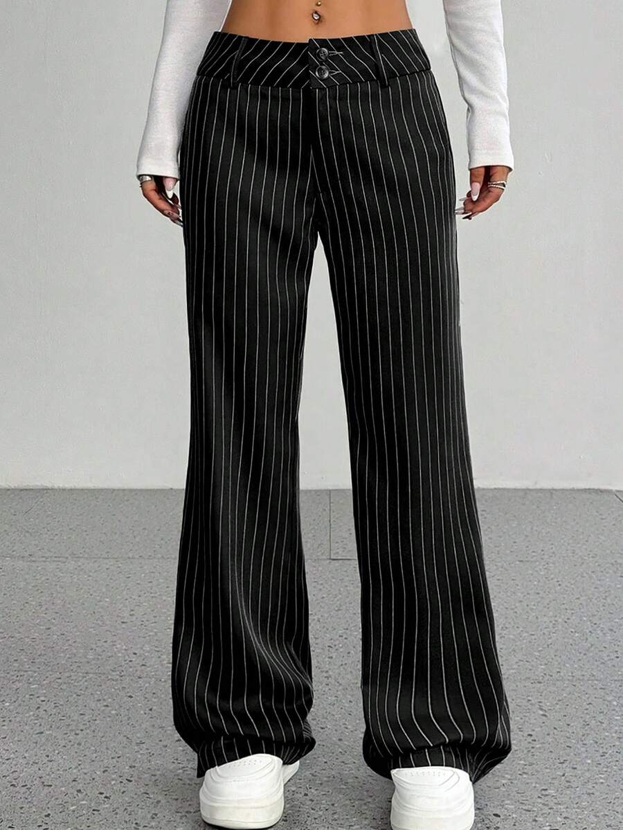 Flirla 女式系带条纹喇叭休闲裤 - 黑色 - 查看 1