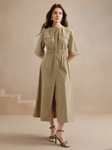 Anewsta Vestido midi de cuello redondo con manga corta y definición de cintura, estilo informal de negocios adecuado para primavera y verano