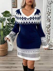 Calvaya Plus Size Retro Vibe Color Block V-Neck Jacquard Knit Sweater Dress Fall Winter Cloth For Women - Multicolor - View 5