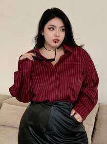 Dazy Plus 加大码常规领条纹宽松长袖衬衫，适合农历新年、春夏秋、秋季女装 - 酒紅色 - 查看 1