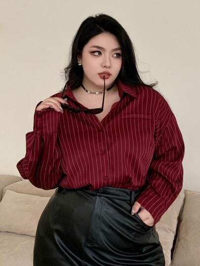 Dazy Plus 加大码常规领条纹宽松长袖衬衫，适合农历新年、春夏秋、秋季女装