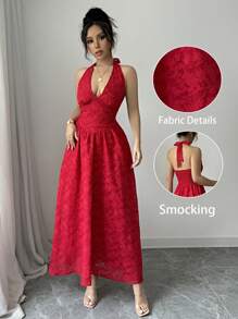 SHEIN Raffinéa 女士优雅纯色花卉印花挂脖长裙 - 紅色 - 查看 3