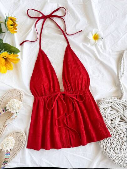 Soleia Casual V-Neck Tie Knot Open Back Textured Fabric Red Tank Top