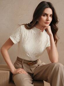 Anewsta Spring, Elegant, Casual Women's Knitted Texture Wrinkle Versatile Apricot Short Sleeved T-Shirt