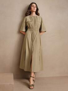 Anewsta Vestido midi de cuello redondo con manga corta y definición de cintura, estilo informal de negocios adecuado para primavera y verano