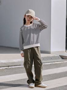 Ensemble de tenue d'automne pour ados filles, style de rue décontracté: sweat-shirt ample rayé style chauve-souris et pantalon cargo à taille élastique et jambes larges de couleur unie