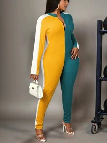 Slaydiva Damen Große Größen Lässig Raglan Ärmel Splice Zweifarbiger Rippenstoff Jumpsuit - Verschiedenfarbig - Übersicht 4