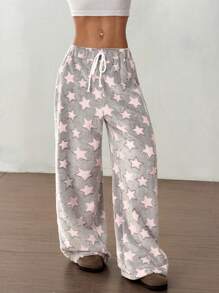 Flirla Christmas New Plush Print Comfortable Women Loose Straight Leg Pants