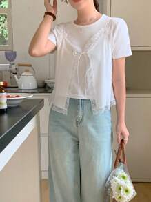 DAZY Women's 2 In 1 Lace Splice Round Neck Short Sleeve T-Shirt - White - View 4