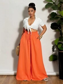 Slaydiva Women Plus Size Vacation Textured High Waist Wide Leg Pants - Orange - View 4