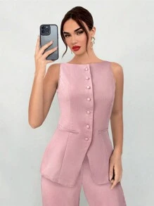 Aloruh Bộ đồ đi làm mùa thu/đông cho nữ - Áo khoác kaki cổ thuyền có túi giả và quần âu 2 món - Hồng - Xem 4