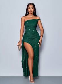 SOLERSUN Vestido largo brillante y brillante con tirantes asimétricos, abertura alta en el costado y volantes, adecuado para fiestas de Navidad, vacaciones, citas y citas de San Valentín - Verde Oscuro - Ver 3