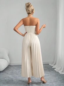 SHEIN Clasi Women's Elegant Pleated Strapless Apricot Color Wide Leg Long Jumpsuit, Fashion Streetwear For Vacation Outfits Woman Summer Outfits For Women Beach Outfits For Woman Mardi Gras  Beach Vacation Wear  BohoJumpsuit Women Western Wear Women Festival  Old Money