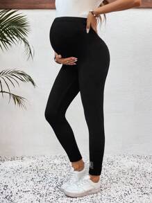 SHEIN Maternity Solid Color Adjustable Waist Skinny Casual Leggings - Black - View 4