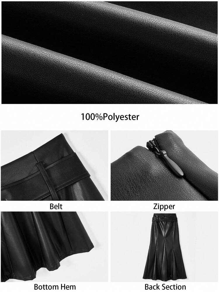 SHEIN Maija Women's Solid Color PU Leather Pleated A-Line Skirt, Elegant Fashion Festival