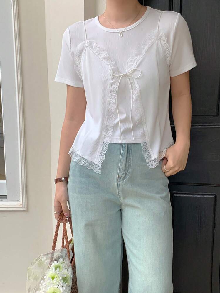 DAZY Women's 2 In 1 Lace Splice Round Neck Short Sleeve T-Shirt - White - View 5