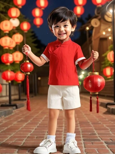 2pcs/Set Young Boys' Chinese Style Linen Solid Color Mandarin Collar Top With Contrast Cuffs And Solid Color Woven Pants, Comfortable For Daily Casual Wear, Outdoor, Travel, School, Spring/Summer/Chinese New Year Chinese New Year Boy Clothes