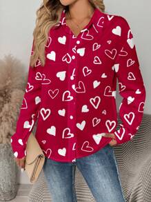 EMERY ROSE Casual Heart Graphic Loose Open Front Blouse For Women, Summer Valentine's Day Going Out Tops